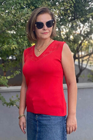 Kadın Lina Kırmızı Merserize Kolsuz Bluz