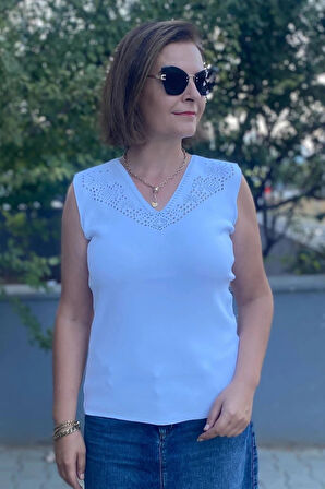 Kadın Lina Beyaz Merserize Kolsuz Bluz
