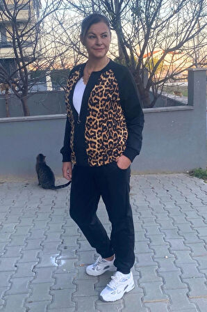 Büyük Beden Siyah Leopar Desenli Eşortman Takım