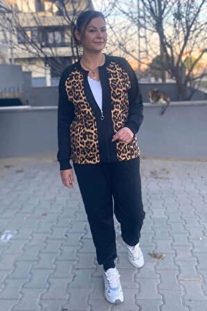 Büyük Beden Siyah Leopar Desenli Eşortman Takım