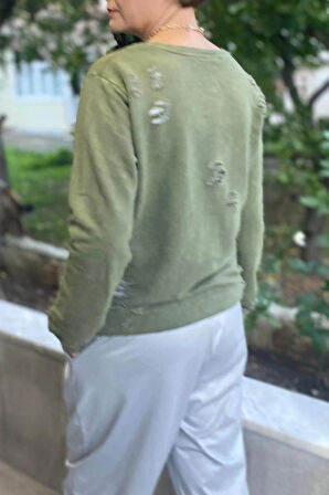 Kadın Haki Kaplan Desenli Sweat