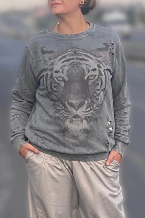 Kadın Gri Kaplan Desenli Sweat