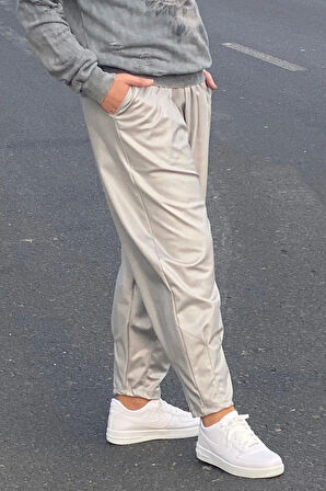 Büyük Beden Açık Gri Deri Görünümlü Balon Pantolon