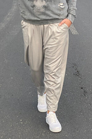 Büyük Beden Açık Gri Deri Görünümlü Balon Pantolon