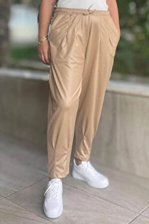 Büyük Beden Bej Deri Görünümlü Balon Pantolon