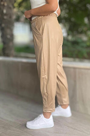 Büyük Beden Bej Deri Görünümlü Balon Pantolon