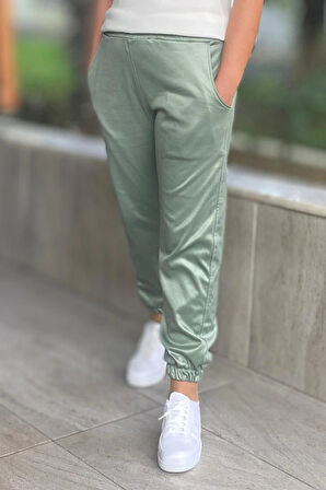 Kadın Yeşil Görünümlü Paçası Lastikli Pantolon