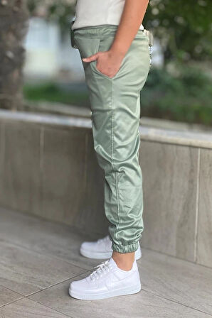 Kadın Yeşil Görünümlü Paçası Lastikli Pantolon