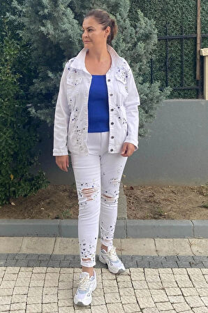 Büyük Beden Star Jean Takım Beyaz