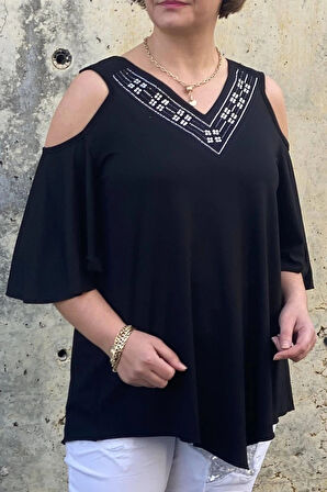 Büyük Beden Siyah Arkası & Önü V Yaka Bluz