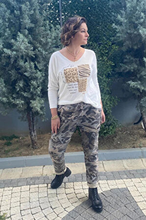 Büyük Beden İtalyan Gri  Bej Kamuflaj Pantolon