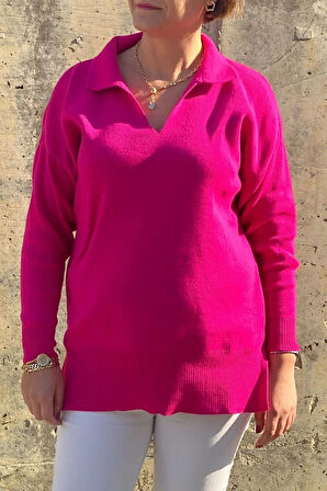 Büyük Beden Fuşya Polo Yaka Triko Bluz
