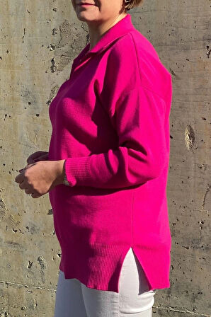 Büyük Beden Fuşya Polo Yaka Triko Bluz