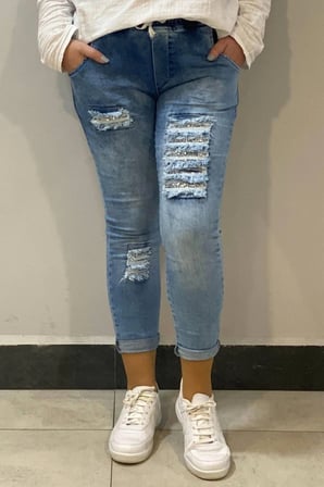 Kadın Mavi Payet Detaylı Full Likralı Kot Pantolon