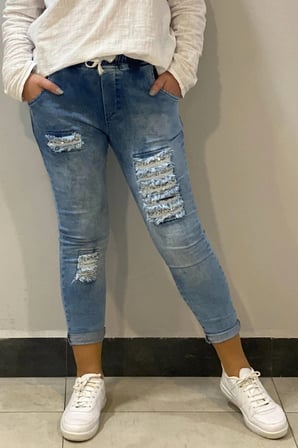 Kadın Mavi Payet Detaylı Full Likralı Kot Pantolon