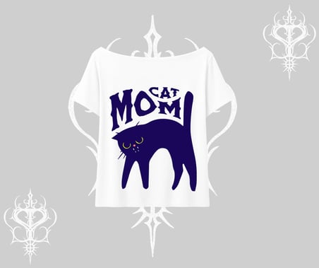 Cat Mom Yazılı Minimal Kedi Arka Baskılı Kayık Yaka Tshirt