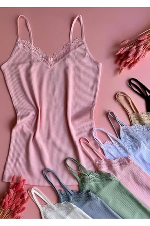 Lace Touch | 4'lü Dantelli İp Askılı Fitilli Pamuklu Kadın Atlet 64E21