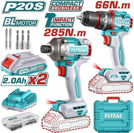 Total Avantaj Seti Darbeli Matkap Darbeli Vidalama ve Aksesuar Seti Çift Akü TCKLI20277E