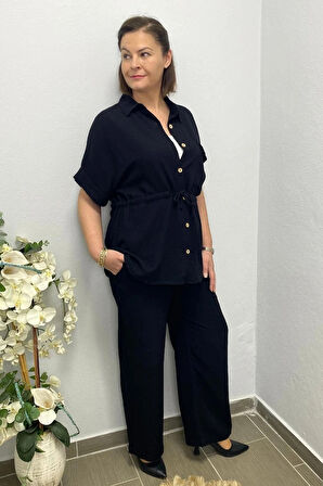 Kadın Siyah Önden Büzgü Detaylı Keten Takım