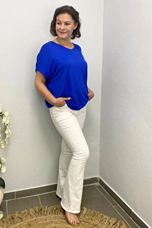 Büyük Beden Beyaz Full Likra İspanyol Paça Jean