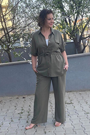 Kadın Haki Önden Büzgü Detaylı Keten Takım