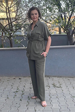 Kadın Haki Önden Büzgü Detaylı Keten Takım