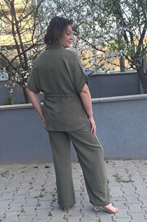Kadın Haki Önden Büzgü Detaylı Keten Takım