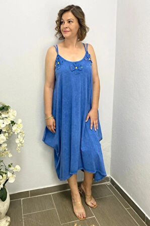 Büyük Beden Mavi Pamuklu Şalvar Kesim Çiçekli Elbise