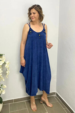 Büyük Beden Lacivert Pamuklu Şalvar Kesim Çiçekli Elbise