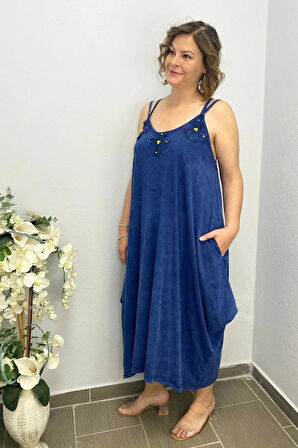 Büyük Beden Lacivert Pamuklu Şalvar Kesim Çiçekli Elbise