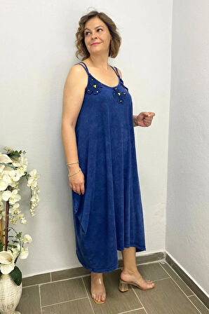 Büyük Beden Lacivert Pamuklu Şalvar Kesim Çiçekli Elbise