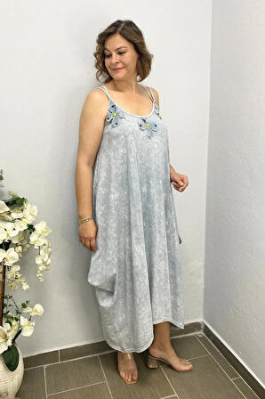 Büyük Beden Gri Pamuklu Şalvar Kesim Çiçekli Elbise