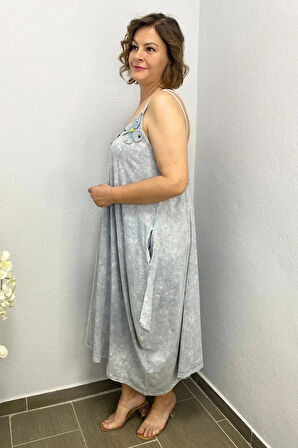 Büyük Beden Gri Pamuklu Şalvar Kesim Çiçekli Elbise