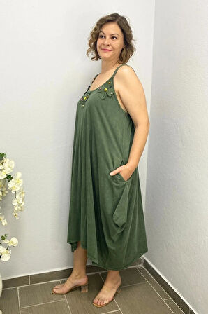 Büyük Beden Haki Pamuklu Şalvar Kesim Çiçekli Elbise