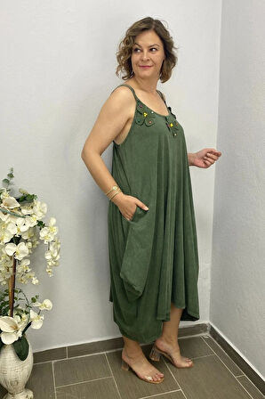 Büyük Beden Haki Pamuklu Şalvar Kesim Çiçekli Elbise