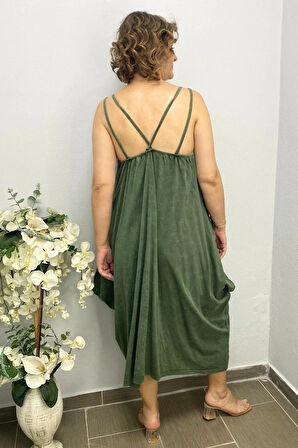 Büyük Beden Haki Pamuklu Şalvar Kesim Çiçekli Elbise