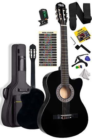 Midex CG-390BK-XBAG Siyah Klasik Gitar 4/4 Sap Ayarlı Kesik Kasa Full Set (Çanta Tuner Askı Capo Metod Pena)