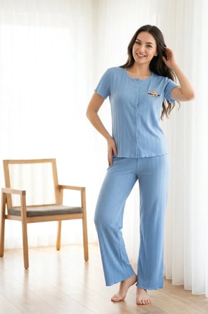 Kadın Ayıcık Desenli Bambu Viskon Kısa Kollu Soft Örme Pijama Takımı