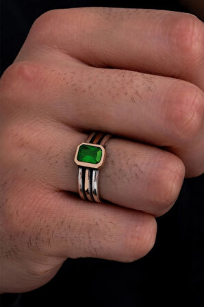 Erkek Gümüş Yüzük - Yeşil Zümrüt Taşlı Ince Kibar Erkek Yüzüğü