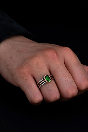 Erkek Gümüş Yüzük - Yeşil Zümrüt Taşlı Ince Kibar Erkek Yüzüğü