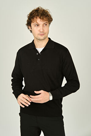 Ateş Triko Erkek Polo Yaka Düğmeli Yün Kazak 6091023 Siyah