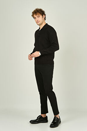 Ateş Triko Erkek Polo Yaka Düğmeli Yün Kazak 6091023 Siyah