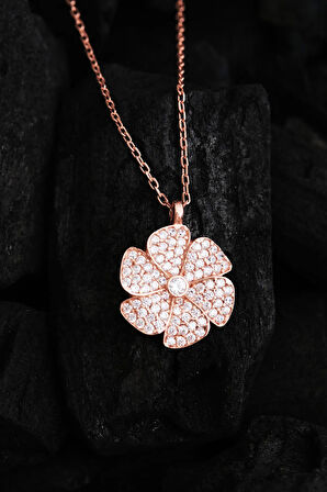 Kadın Gümüş Kolye - Sevgililer Günü - Hediye - Ortası Zirkon Taşlı Çiçek Motifli Kadın Kolye