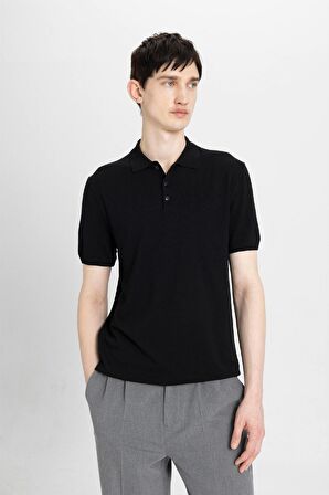 DeFacto Slim Fit Dar Kesim Kısa Kollu Basic Düz Siyah Triko Polo Tişört Y5369AZ24SMBK81