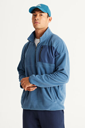 Erkek Indigo Oversize Bol Kesim Bato Yaka Cep Detaylı Fermuarlı Isı Tutan Polar Sweatshirt