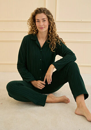 Yeşil Fitilli Polar Pijama Alt Üst