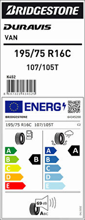 Bridgestone 195/75R16 C 107/105T Duravıs Van A-B-69 Yaz Hafif Ticari Lastiği (Üretim Yılı: 2025)