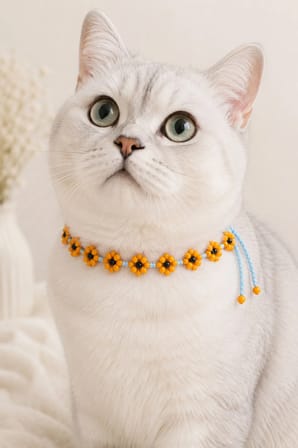 El Yapımı Boncuklu Kedi Boyun Aksesuarı Turuncu Çiçekli Bağcıklı Dekoratif Kedi Tasması