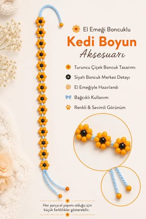 El Yapımı Boncuklu Kedi Boyun Aksesuarı Turuncu Çiçekli Bağcıklı Dekoratif Kedi Tasması