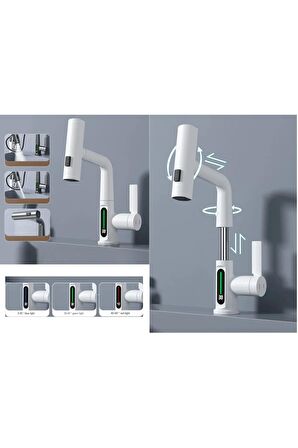 Mutfak Eviye Banyo Lavaboi Bataryası Dijital Led Şelale Spiralli Ithal Asansörlü 4 Fonksiyonlu